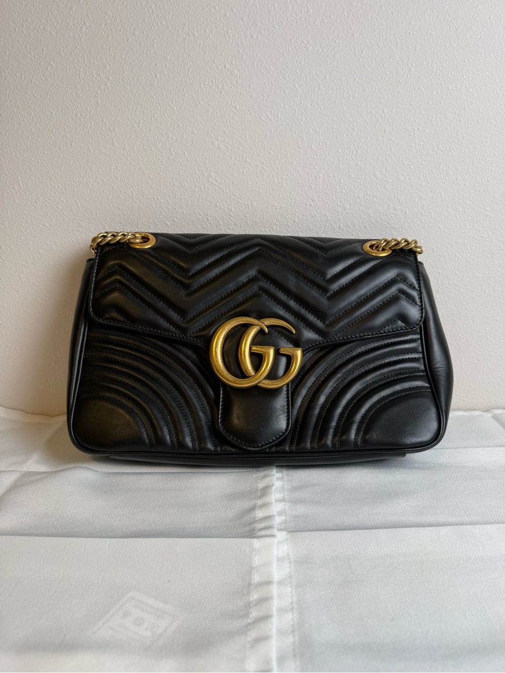 Gucci Black Chevron Quilted Shoulder Bag with Gold GG Hardware